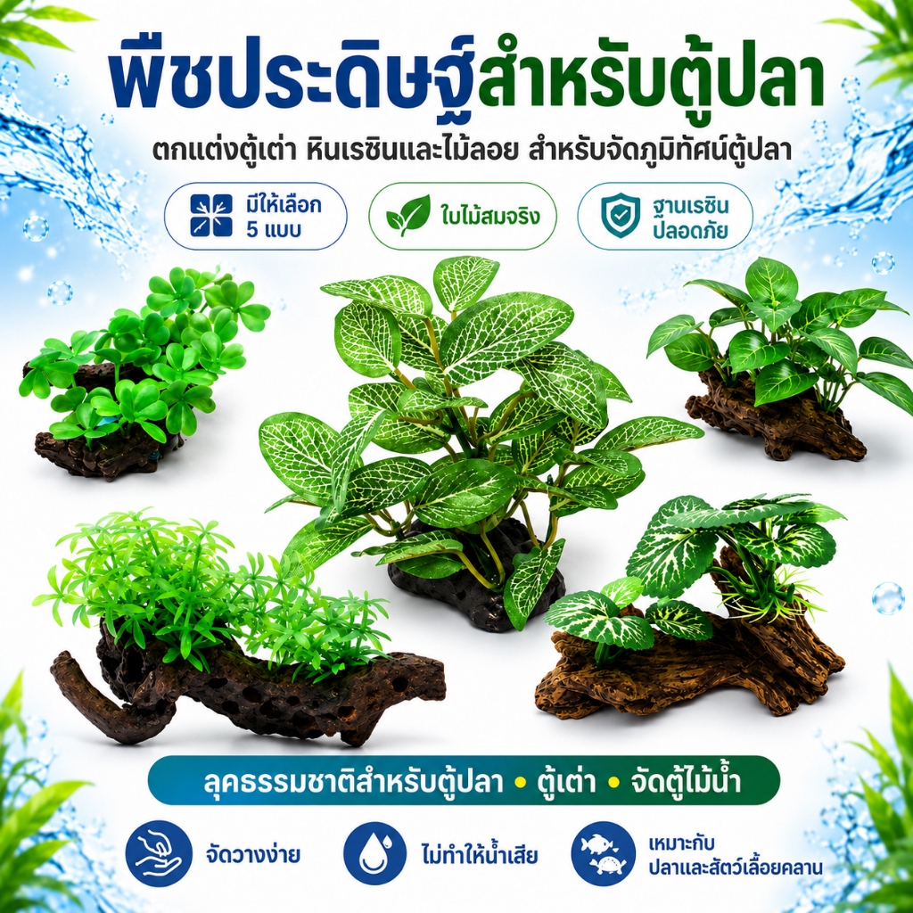 พืชประดิษฐ์สำหรับตู้ปลา การตกแต่งตู้เต่า หินเรซินและไม้ลอยสำหรับจัดภูมิทัศน์ตู้ปลา