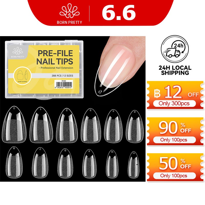 BORN PRETTY 288 ชิ้นสั้นอัลมอนด์เล็บเคล็ดลับครึ่ง Matte เล็บปลอมเล็บปลอม 12 ขนาด Pre-shape เล็บใสเคล็ดลับสําหรับคลุมทั้งหมด
