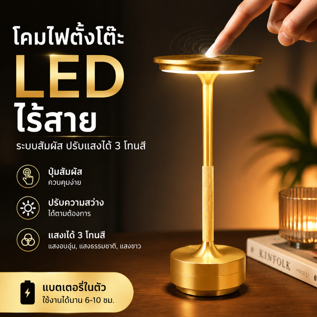 NHLS โคมไฟตั้งโต๊ะไร้สายควบคุมแบบสัมผัส ยูเอสบี ชาร์จเหมาะสําหรับห้องนั่งเล่นห้องนอนตกแต่งโต๊ะอาหาร