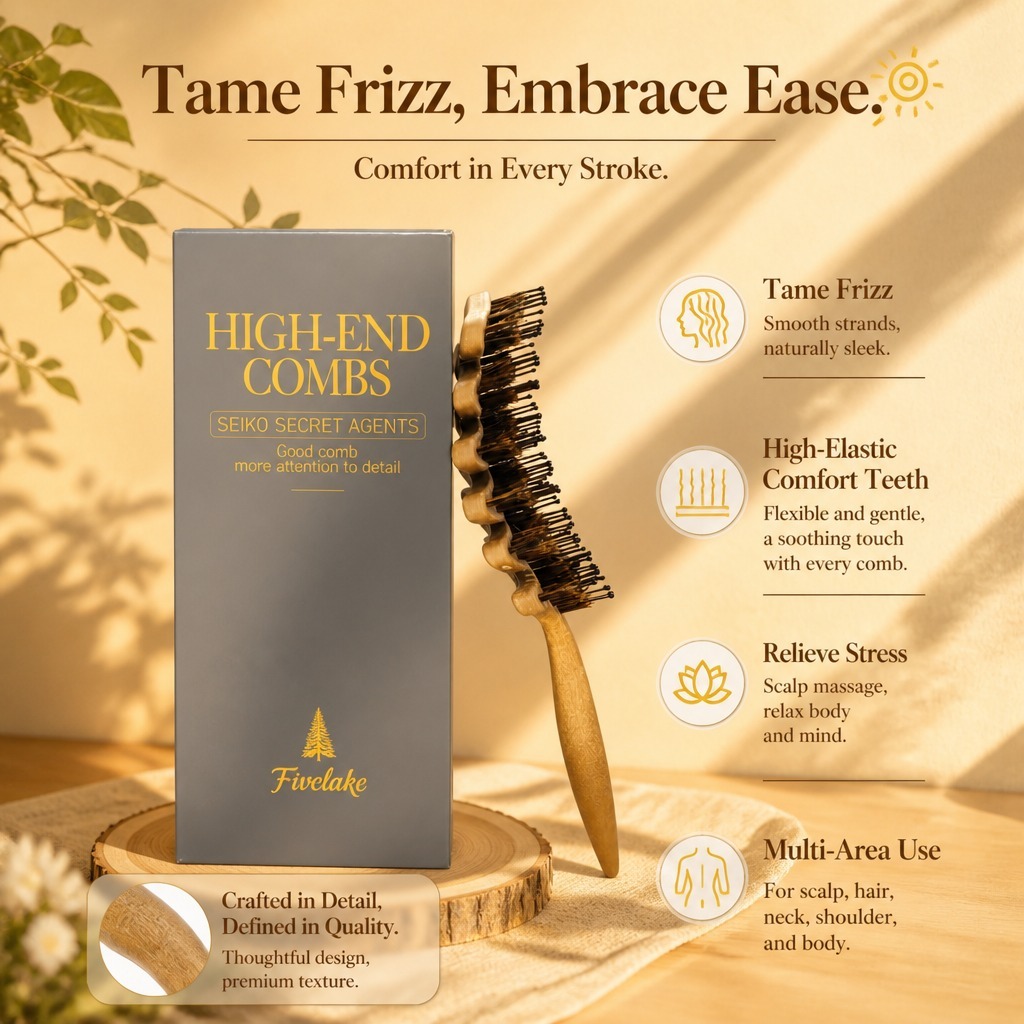 ชุดหวีระดับไฮเอนด์ FiveLake - แปรงขนหมูป่าธรรมชาติสําหรับการควบคุม Frizz, นวดหนังศีรษะและป้องกันการพันกัน