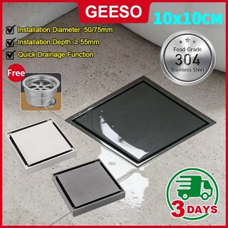 GEESO ท่อระบายน้ำสแตนเลส 304 แบบฝังปูกระเบื้อง กันกลิ่น กันแมลง สี่เหลี่ยม 304 Stainless Steel Invisible Floor Drain Tile Insert Anti-odor Anti-insect Floor Drain Cover 304不锈钢地漏