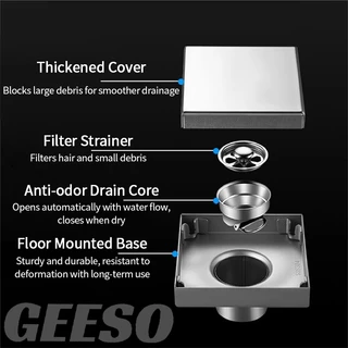 GEESO ท่อระบายน้ำสแตนเลส 304 แบบฝังปูกระเบื้อง กันกลิ่น กันแมลง สี่เหลี่ยม 304 Stainless Steel Invisible Floor Drain Tile Insert Anti-odor Anti-insect Floor Drain Cover 304不锈钢地漏