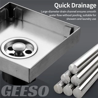 GEESO ท่อระบายน้ำสแตนเลส 304 แบบฝังปูกระเบื้อง กันกลิ่น กันแมลง สี่เหลี่ยม 304 Stainless Steel Invisible Floor Drain Tile Insert Anti-odor Anti-insect Floor Drain Cover 304不锈钢地漏