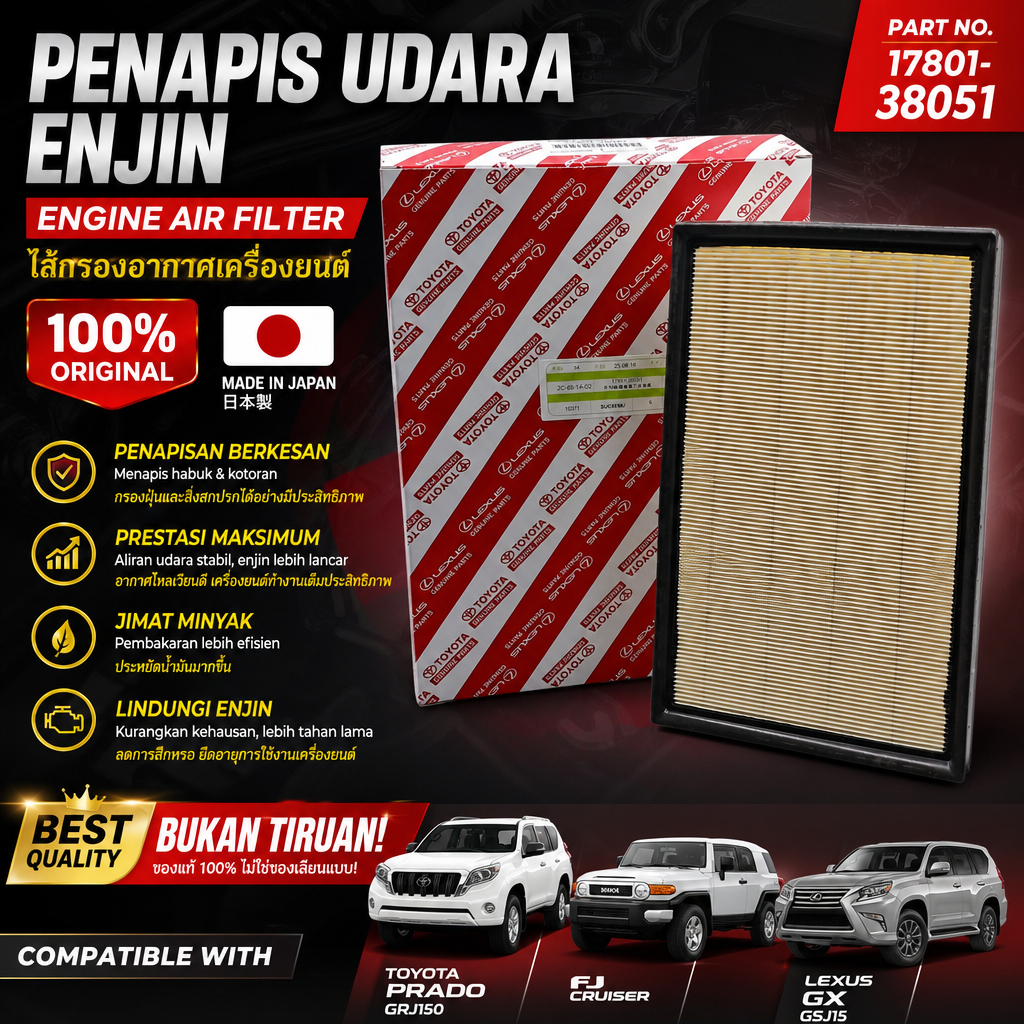 100% ต้นฉบับ 17801-38051 กรองอากาศ TOYOTA FJ CRUISER LAND CRUISER PRADO GRJ150 LEXUS GX460 MADE IN J
