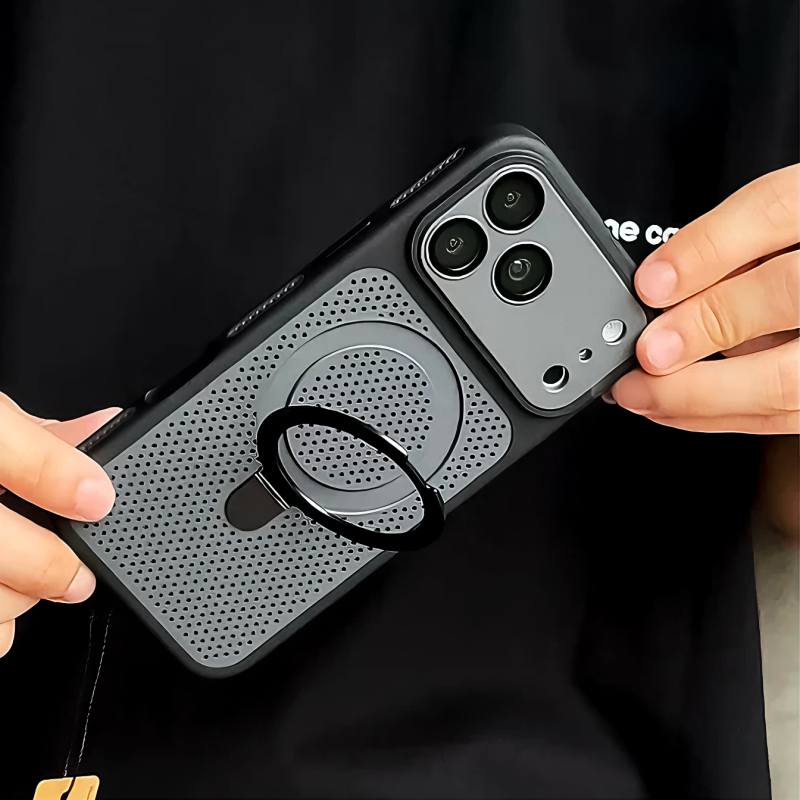 Cellular cooling พร้อมขายึดโลหะ เคสแข็งอะคริลิคใส สีดํา Case ใช้ได้กับ iPhone 17 16 15 14 13 Pro Max กรณี Cooling Edge ทหารกันกระแทก Hard ฝาหลัง