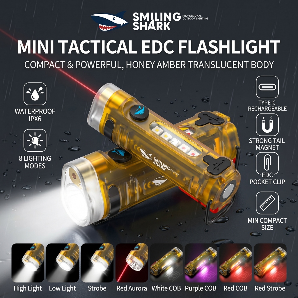 SMILING SHARK LED ไฟฉาย ไฟฉายขนาดเล็กแม่เหล็ก พวงกุญแจ โหมด 8 COB ไฟด้านข้างพร้อมเลเซอร์ Type-c ไฟสีแดงแบบชาร์จไฟได้ ไฟเตือน TIP6060 ฉุกเฉินกลางแจ้งกันน้ํา