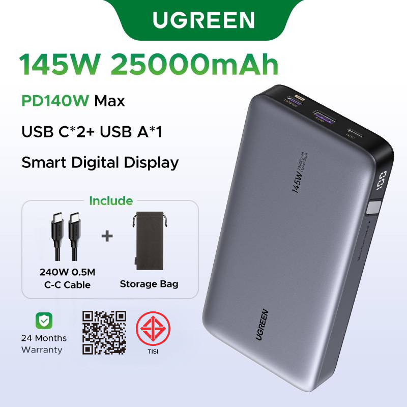 UGREEN 145W/100W Power Bank 20000 mAh/25000 mAh แบบพกพา PD Fast Charging PowerBank สมาร์ทดิจิตอลจอแสดงผลสําหรับ Huawei Samsung S25 Ultra iPhone 17 Pro Max 16 Pro Max แล็ปท็อป MacBook Thinkpad