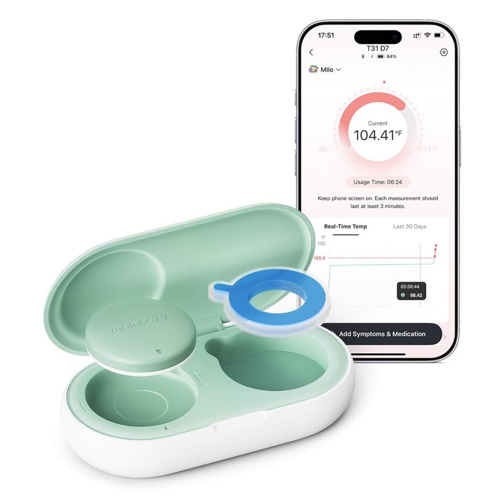 Momcozy Wearable Digital Temperature for Baby, Medical-Grade Precision Smart Temperature, Instant Reads, APP Real-time Monitoring, Kids&Infants, Hypoallergenic 3M Stiker,Bluetooth