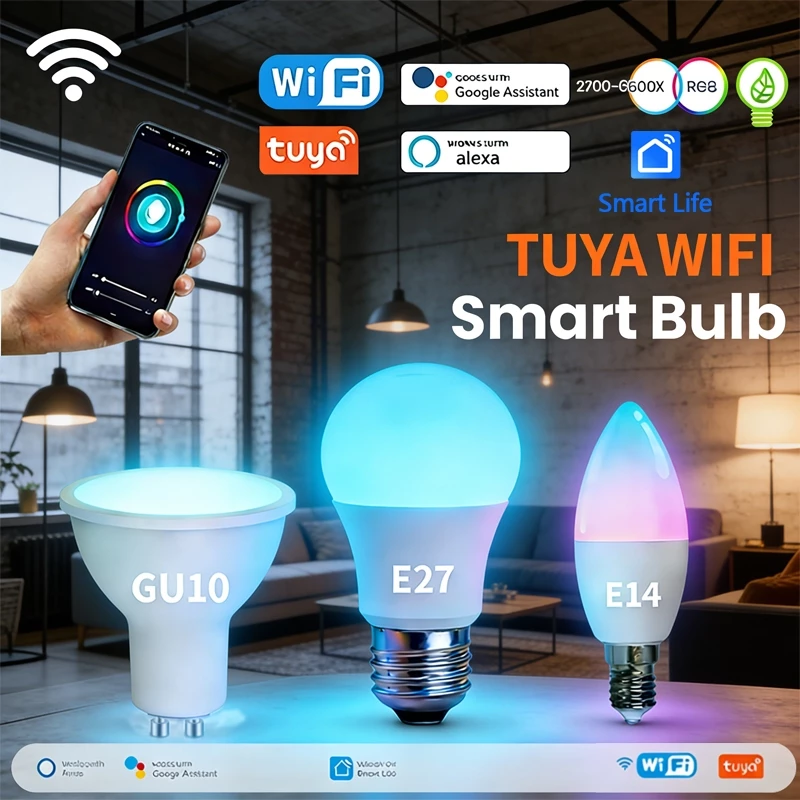 หลอดไฟLEDอัจฉริยะRGBW Tuya WiFi ขั้วGU10/E14/E27 ปรับหรี่แสงได้ ควบคุมด้วยเสียง Alexa Google Home ผ่านSmart Life