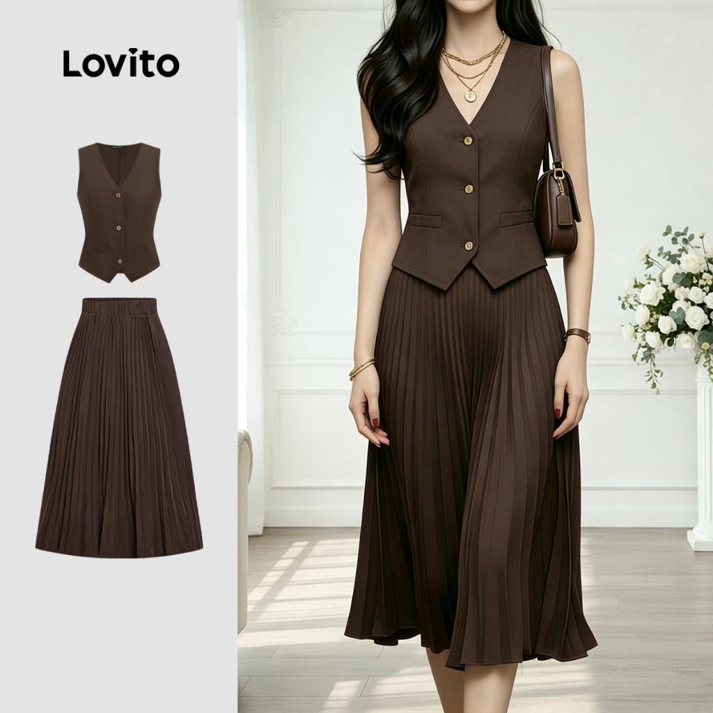 Lovito  เสื้อหรือกระโปรงพลีทหรูหราสําหรับฤดูใบไม้ผลิ/ฤดูร้อน สีน้ําตาล สําหรับผู้หญิง LK3ED1503