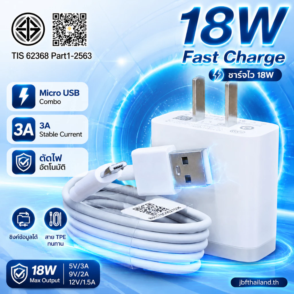 ที่ชาร์จ Micro USB 18W Combo สำหรับ Redmi 7 9C 9A 10 10A 6A S2 Note 6 Pro รองรับชาร์จเร็ว 3A อินพุต AC100-264V เอาต์พุต 5V/3A 9V/2A 12V/1.5A สาย TPE ทนทาน ใช้ชาร์จมือถือและโอนข้อมูล