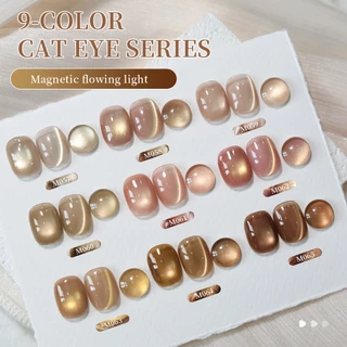 XEIJAYI 10ml แฟชั่น Golden Brown Cat Eye Gel ยาทาเล็บ, ชุด 9 สี, เหมาะสําหรับร้านเสริมสวยและของใช้ประจําวัน