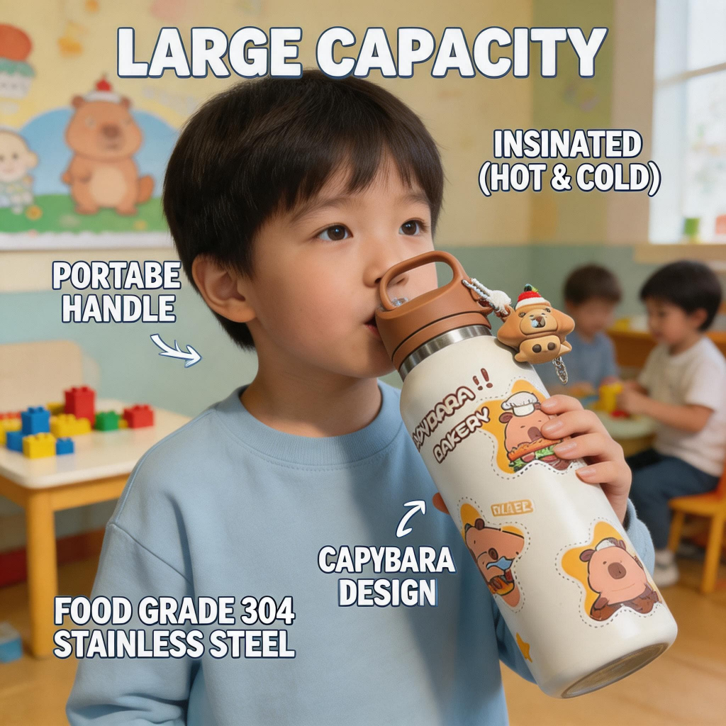 แก้วน้ำ Capybara 1200ml สแตนเลสเกรดพรีเมียม เก็บเย็น 24ชม./ร้อน 12ชม. ไม่มี BPA กันรั่ว 100% มีหลอดดูดและด้ามจับ พกพาสะดวก ดีไซน์น่ารัก สำหรับเด็ก นักเรียน ผู้หญิง ใช้ในโรงเรียน สำนักงาน ฟิตเนส กิจกรรมกลางแจ้ง ของขวัญวันเกิด วันวาเลนไทน์