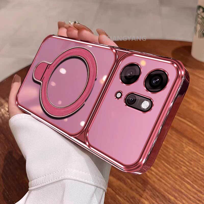 สําหรับ OPPO Reno 14 5G Reno 14 Pro 5G Reno 14F 5G ใหม่หน้าต่างขนาดใหญ่เคลือบด้วยไฟฟ้าโปร่งใสเคสโทรศัพท์ความงามโลหะกลวงออกแบบที่วางโทรศัพท์