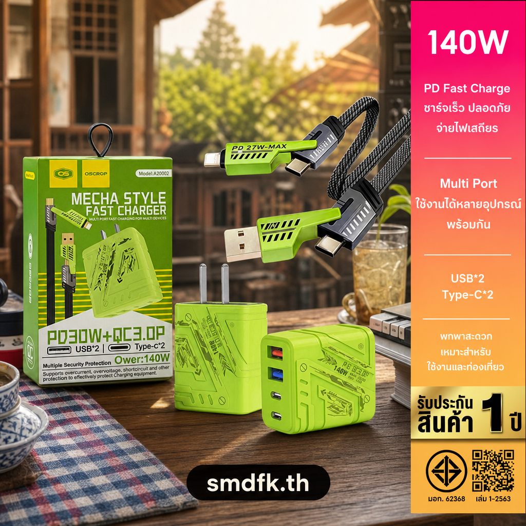 หัวชาร์จเร็ว PD 140W Type-C USB 4 พอร์ต 2USB-A+2PD ปลั๊ก EU/US ชาร์จหลายเครื่อง พกพาไปเที่ยว ใช้ได้ทั่วโลก มอก.