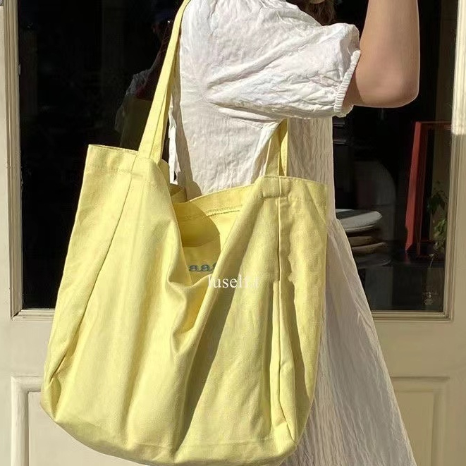 [จัดส่งกรุงเทพ] Ready Stock Korean Letter Macaron Color Canvas Tote Bag, Large Capacity Commuter Class Shoulder Bag All-Match