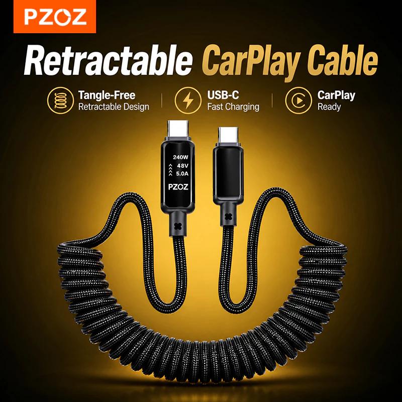 PZOZ LED 240W Type-C Spring สายชาร์จโทรศัพท์มือถือพร้อมความเร็วการถ่ายโอนข้อมูล 480Mbps