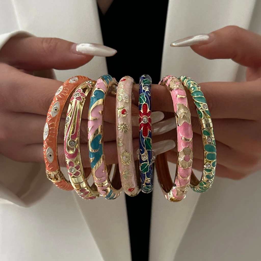 Vintage เคลือบดอกไม้ดอกไม้คริสตัล Evil Eye สร้อยข้อมือกําไลข้อมือผู้หญิง Lucky เครื่องประดับของขวัญวันเกิดอุปกรณ์เสริม