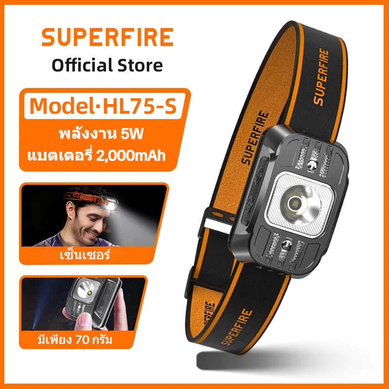 SUPERFIRE HL75-S 5W แบตเตอรี่ 2000mAh ไฟฉายคาดหัว มินิ LED ไฟหน้าแบบชาร์จไฟได้เซ็นเซอร์ไฟหน้าไฟฉาย พิมพ์-C ทำงานโคมตกปลา