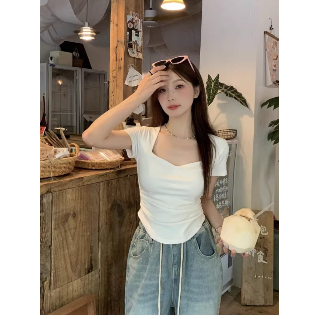 Selvze เสื้อครอป เสื้อยืดแฟชั่นสไตล์เกาหลี สไตล์ฝรั่งเศส เสื้อเอวลอย ทรงสวยใส่แล้วพรางหุ่น เสื้อสวยๆ เสื้อคอวี