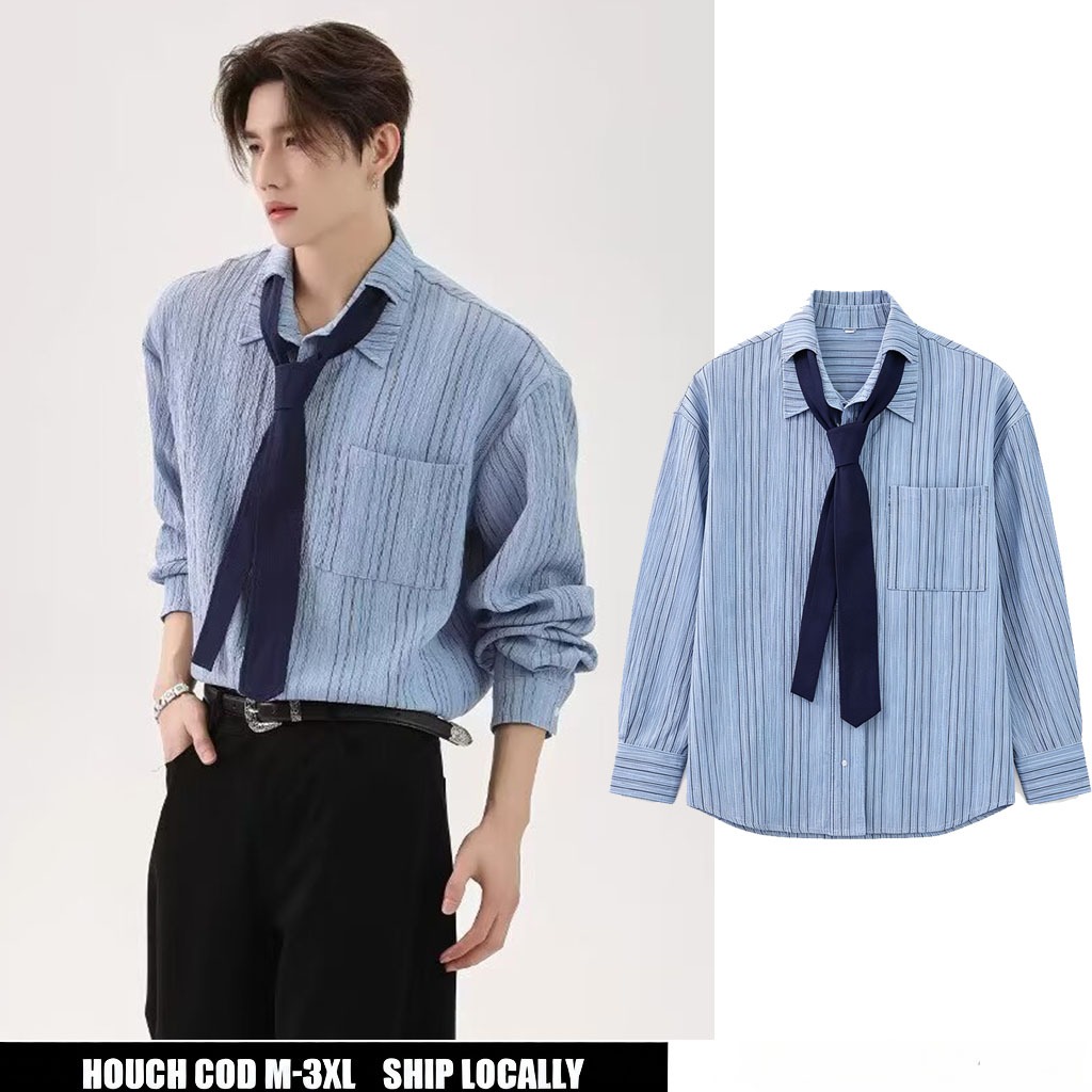 HOUCH COD เสื้อเชิ้ตแขนยาวผู้ชาย เสื้อเชิ้ตแขนยาวธรรมดาเกาหลี เสื้อเชิ้ตกระดุม ใส่สบาย ไม่ยับง่าย