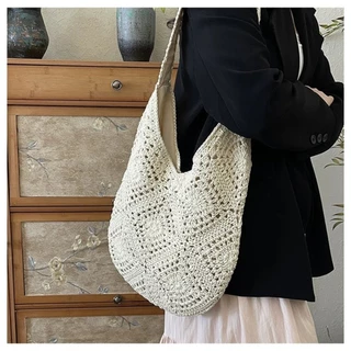 【ส่งจากประเทศไทย】PICKZEN กระเป๋า tote โครเชต์ มือ craftsmanship ทรง vintage พร้อมลายดอกไม้ Bohemian style