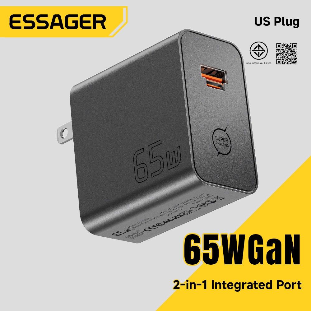 Essager 65W GaN Charger Type C/USB A เอาต์พุตอิสระชาร์จ 2-in-1 แบบบูรณาการพอร์ตอะแดปเตอร์ Charger สําหรับโทรศัพท์และแล็ปท็อป