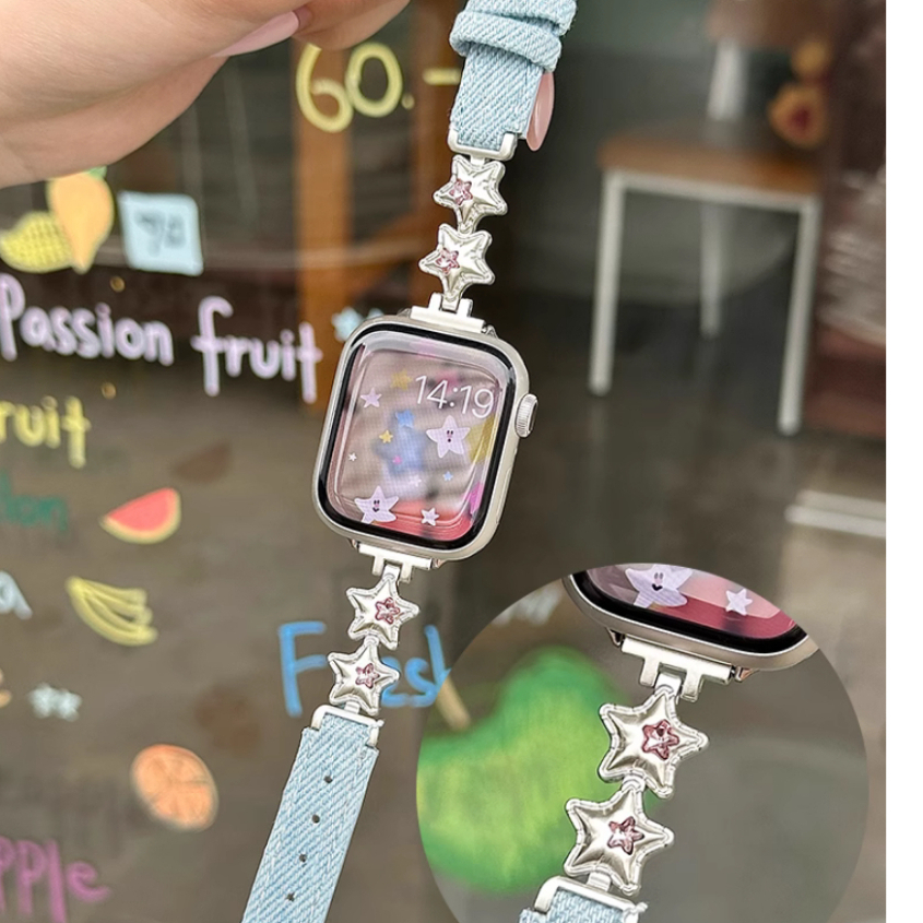 สายนาฬิกา Star Denim สําหรับสายนาฬิกา A-pple Series11 10 9 8 7654321,SE Ultra2 iwatch Strap Denim i 