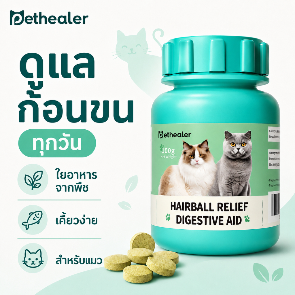 Pethealer เม็ดเคี้ยวสำหรับแมว 100g สูตรดูแลก้อนขน กลิ่นปลา ทานง่าย ใช้ได้