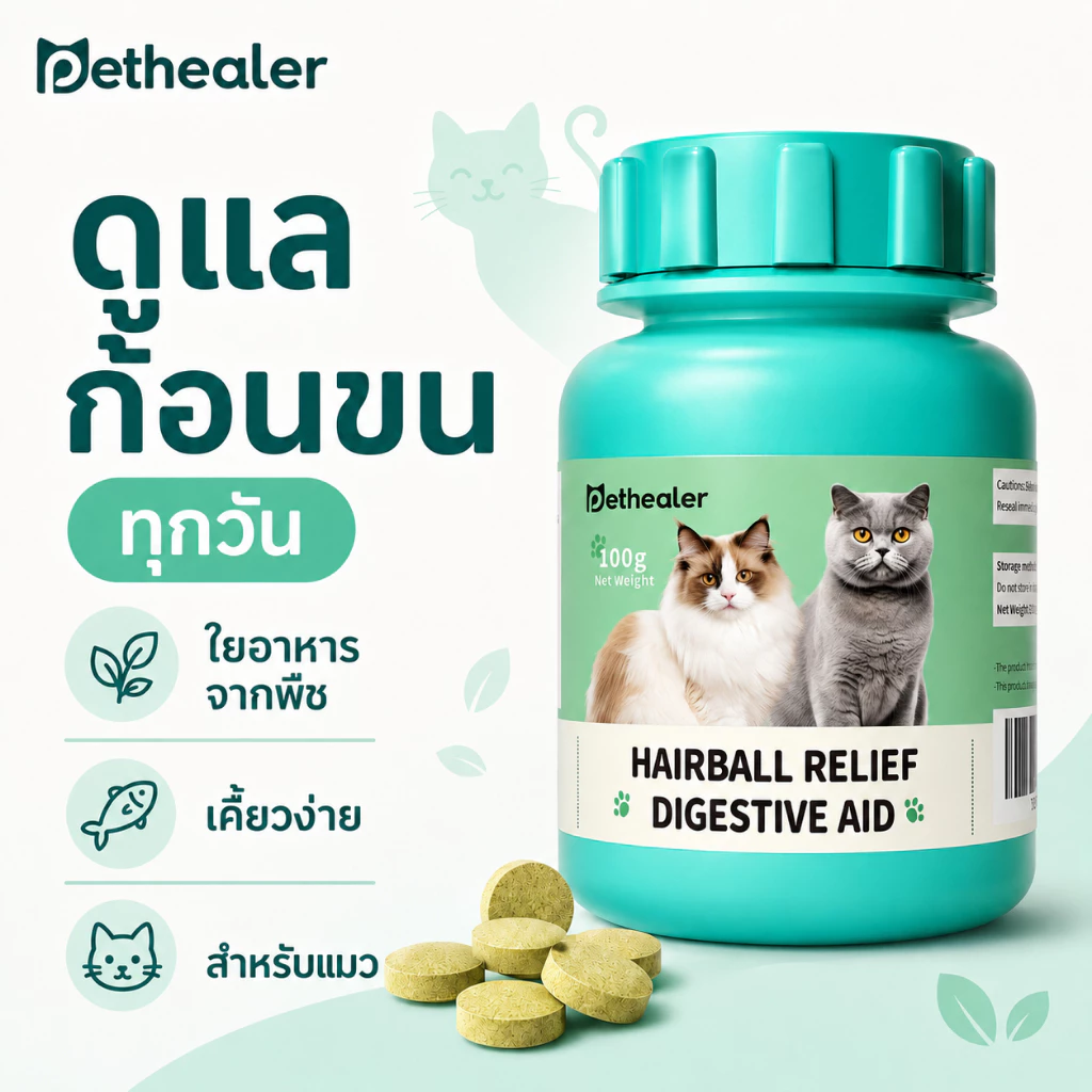 Pethealer เม็ดเคี้ยวสำหรับแมว 100g สูตรดูแลก้อนขน กลิ่นปลา ทานง่าย ใช้ได้