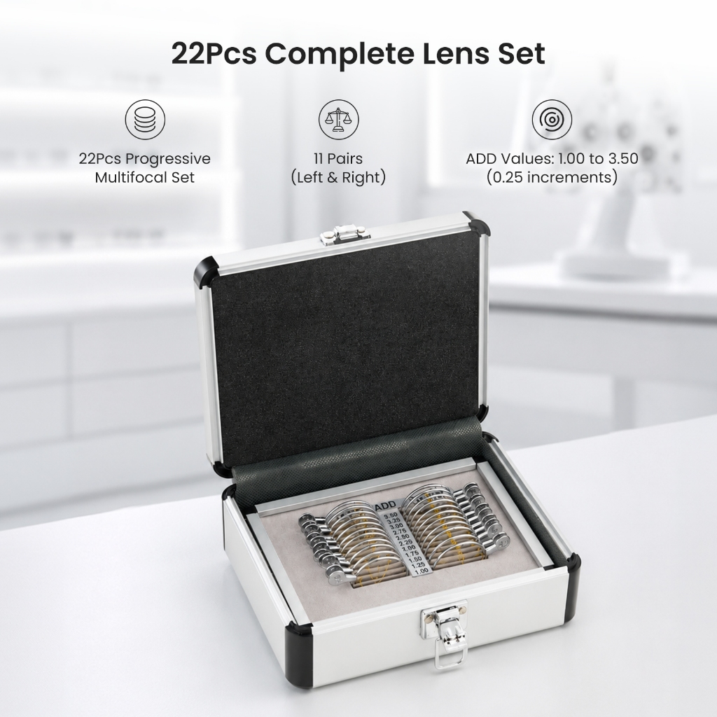 22PCS อุปกรณ์ออปติคอลยอดนิยมที่สุด Progressive Trial Lens Set Aluminium Tray And Case Ophthalmic