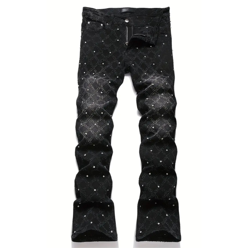 ผู้ชาย Rhinestone ร้อน Rhinestone Slim-fit เท้าซ้อน Micro-Flap กางเกงยีนส์สีดําล้างยืดทนต่อการสึกหรอ American Hip-Hop Daily Commuter กางเกง