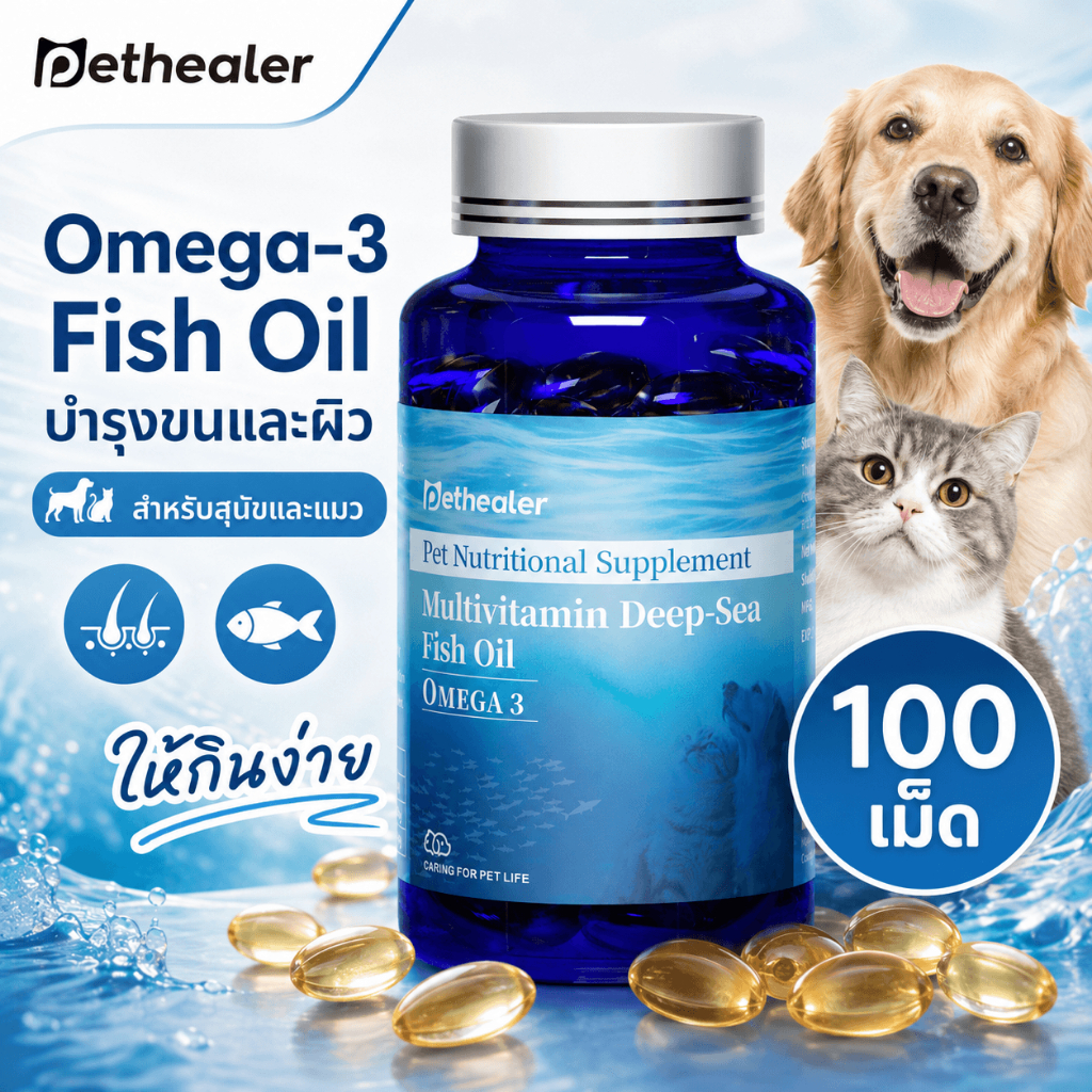 Pethealer น้ำมันปลา Omega 3 สำหรับสุนัขและแมว 100 เม็ด บำรุงขนและผิว ใช้ง่าย