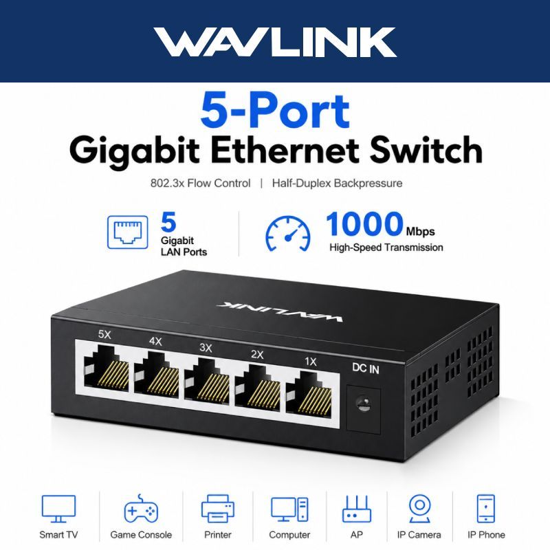 WAVLINK 5 พอร์ต Gigabit Unmanagement Ethernet Switch Home Network Hub Plug and Play