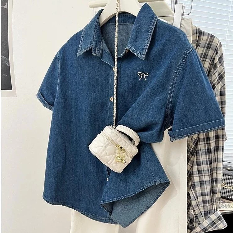 เสื้อผู้หญิงสไตล์เกาหลี ทรงหลวม สบายๆ,เสื้อเชิ้ตยีนส์แขนสั้นสำหรับผู้หญิง