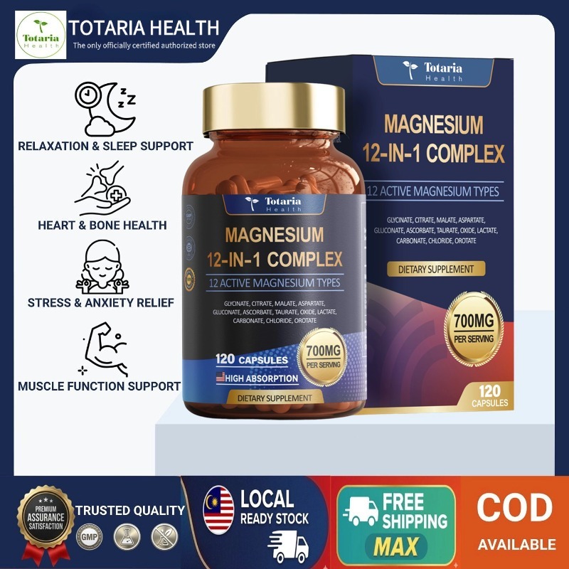 Totaria 12 in 1 Magnesium Complex อาหารเสริม Glycinate Citrate Malate Oxide Taurate Aspartate Oroate Magnesium Relaxation, Muscle,Heart Support, Vegan