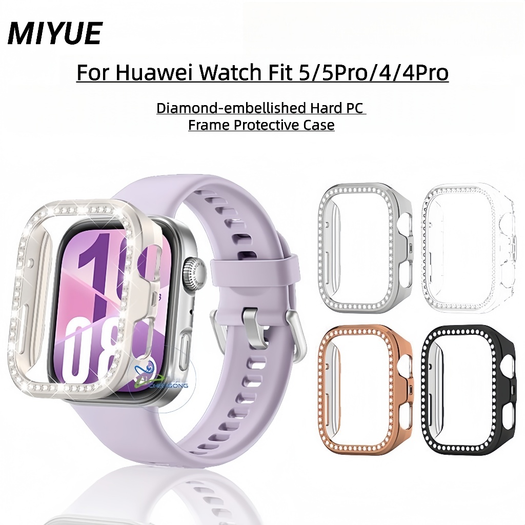 Luxury Bling Diamond PC กรอบกันชนป้องกันสําหรับนาฬิกา Huawei Fit 5/5Pro - Rhinestone เงาตกแต่ง Hard PC Edge กรอบ Anti-Scratch นาฬิกาสําหรับ Huawei นาฬิกา Fit 4/4Pro