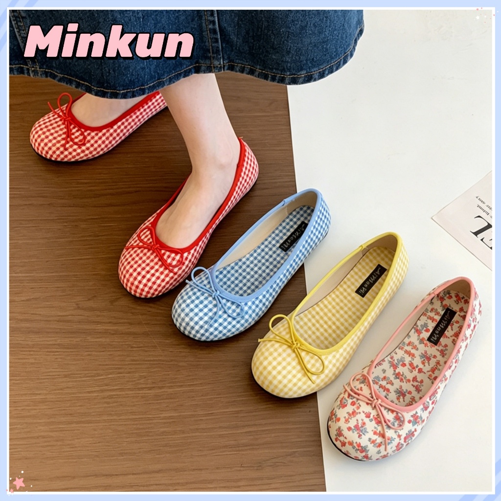 Minkun เกาหลี Gingham Ballet Flats ผู้หญิงรองเท้าแบนนุ่มสบายๆ Slip-on รองเท้าสําหรับสุภาพสตรีแฟชั่นรองเท้า