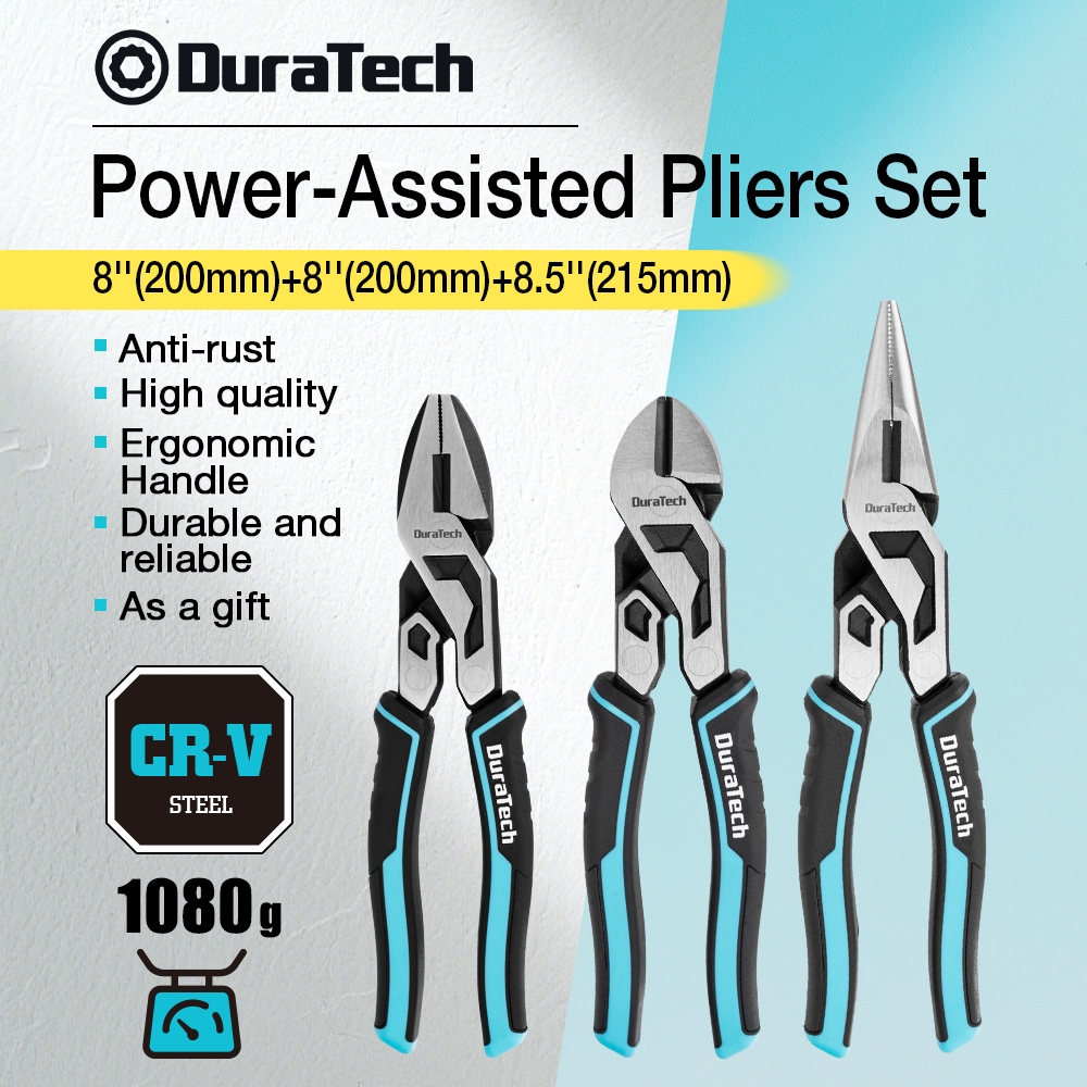 DURATECH คีม 3 ชิ้นชุด Gen 2 เส้นทแยงมุมจมูกจมูกยาวคีมผสมปลอมก่อสร้างประหยัดแรงงาน 3 สี Grip สําหรับซ่อมรถยนต์โลหะทํางาน DIY