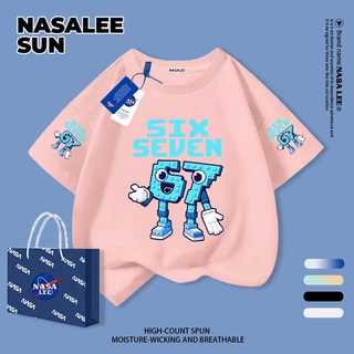 [กรุงเทพฯ จัดส่ง] เด็กผ้าฝ้ายสีกรมท่าเสื้อยืดการ์ตูนการออกแบบรู้สึกหมายเลข 67 สนุกพิมพ์ฤดูร้อนระบายอากาศเสื้อผ้าแขนสั้นเหมาะสําหรับ 3-16ชายหญิง