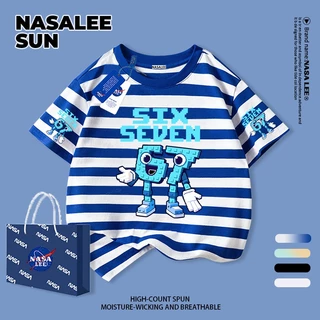 [กรุงเทพฯ จัดส่ง] เด็กผ้าฝ้ายสีกรมท่าเสื้อยืดการ์ตูนการออกแบบรู้สึกหมายเลข 67 สนุกพิมพ์ฤดูร้อนระบายอากาศเสื้อผ้าแขนสั้นเหมาะสําหรับ 3-16ชายหญิง
