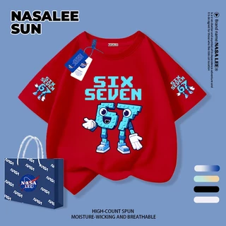 [กรุงเทพฯ จัดส่ง] เด็กผ้าฝ้ายสีกรมท่าเสื้อยืดการ์ตูนการออกแบบรู้สึกหมายเลข 67 สนุกพิมพ์ฤดูร้อนระบายอากาศเสื้อผ้าแขนสั้นเหมาะสําหรับ 3-16ชายหญิง