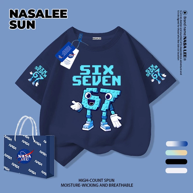[กรุงเทพฯ จัดส่ง] เด็กผ้าฝ้ายสีกรมท่าเสื้อยืดการ์ตูนการออกแบบรู้สึกหมายเลข 67 สนุกพิมพ์ฤดูร้อนระบายอากาศเสื้อผ้าแขนสั้นเหมาะสําหรับ 3-16ชายหญิง