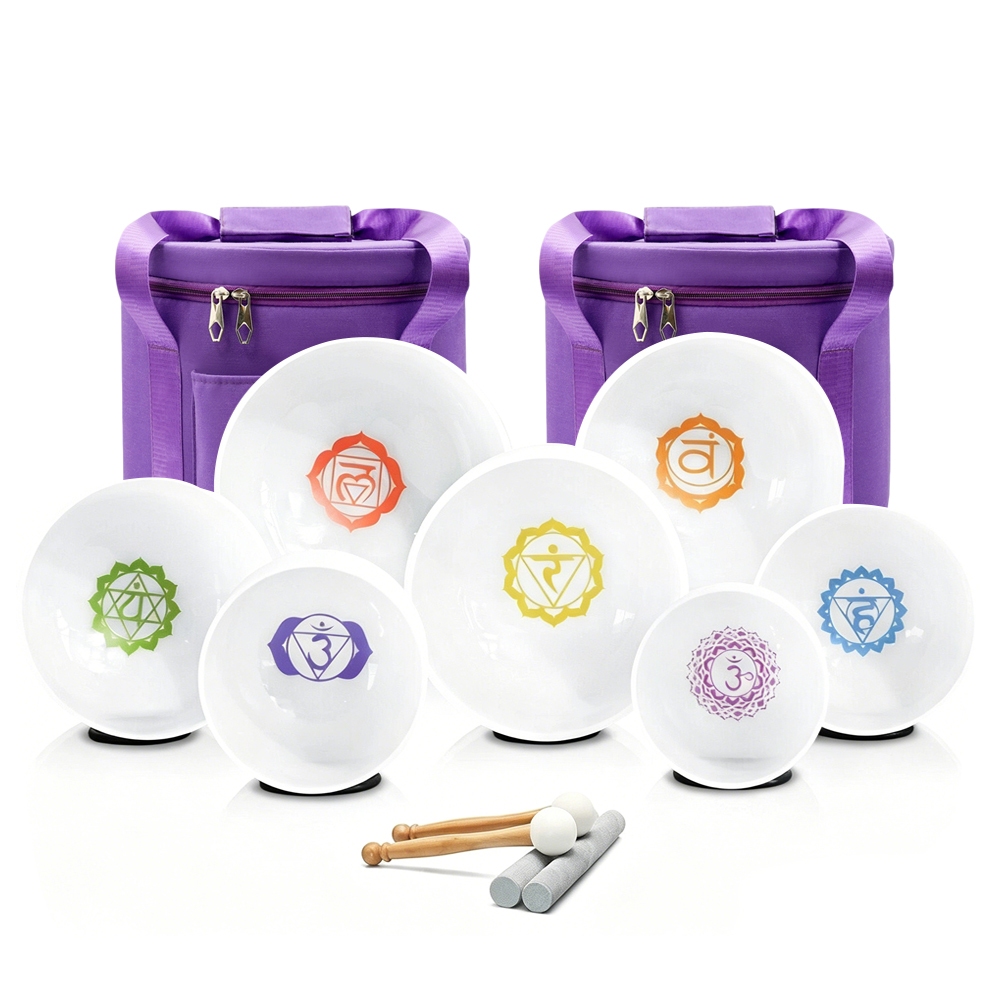 Hye-eun 7 ชิ้นคริสตัลชามร้องเพลง Chakra ชุดเสียง Healing 2 ชิ้น Heavy Duty กระเป๋าถือ Suede Sticks
