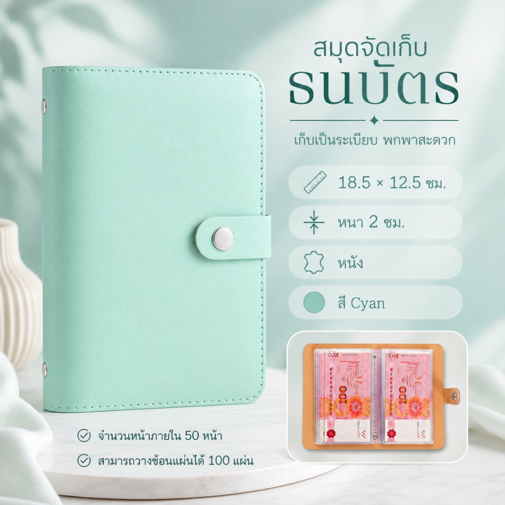 สมุดเก็บเงิน สมุดใส่ธนบัตร ปกหนัง PU พร้อมซองใส 50 ใบ จัดเก็บเงินสด บิล ใบเสร็จ และเหรียญ A00129