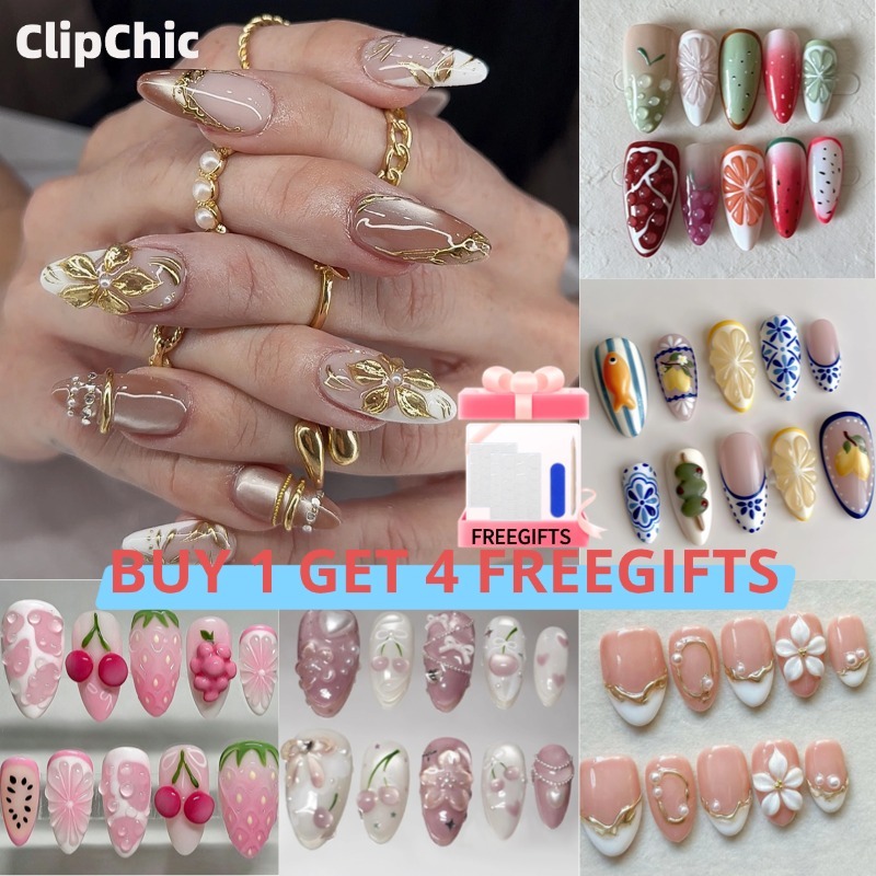 free ของขวัญ toolkit 10 ชิ้นปลอม French Ballerina เล็บปลอมยาวเล็บปลอมชุดใหม่ 3D Handmade ฤดูร้อนสั้นอัลมอนด์เล็บนํากลับมาใช้ใหม่สวมใส่กันน้ํา