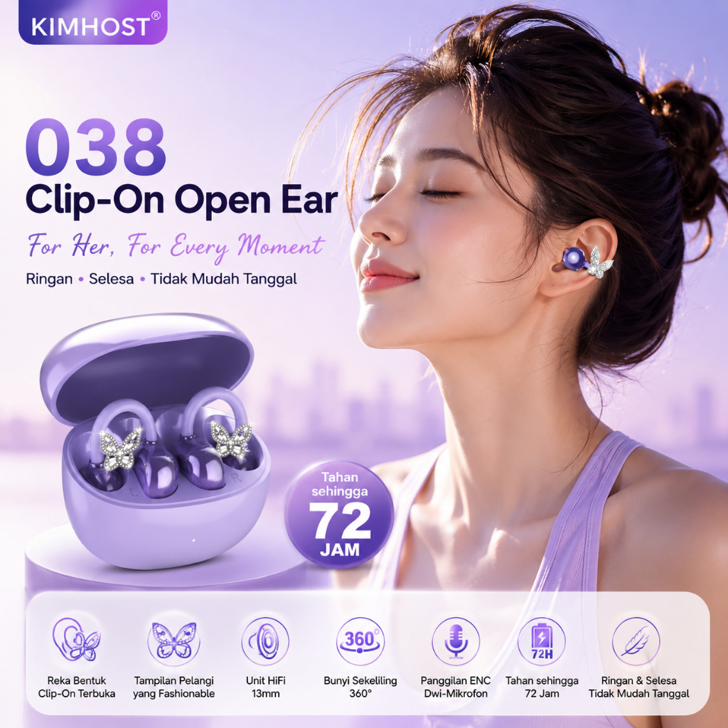 Kimhost 038 Fon Telinga Bluetooth 5.4 หูฟังไร้สายแบบเปิดหู ENC HD Call HiFi สเตอริโอ 72 Jam Hayat Ba