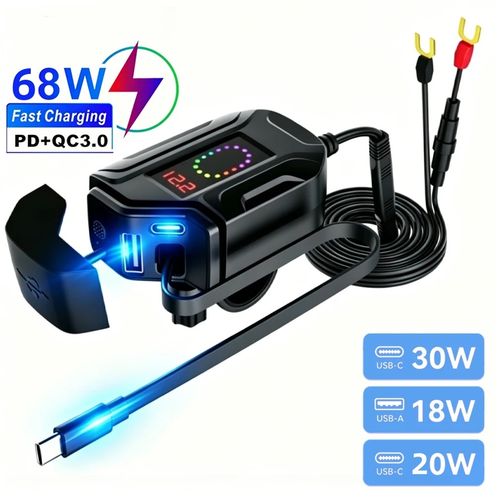 68W รถจักรยานยนต์ Quick Charger PD + QC3.0 ปลั๊กไฟโทรศัพท์พร้อมสวิตช์ดิจิตอลโวลต์มิเตอร์สายแบบพับเก็
