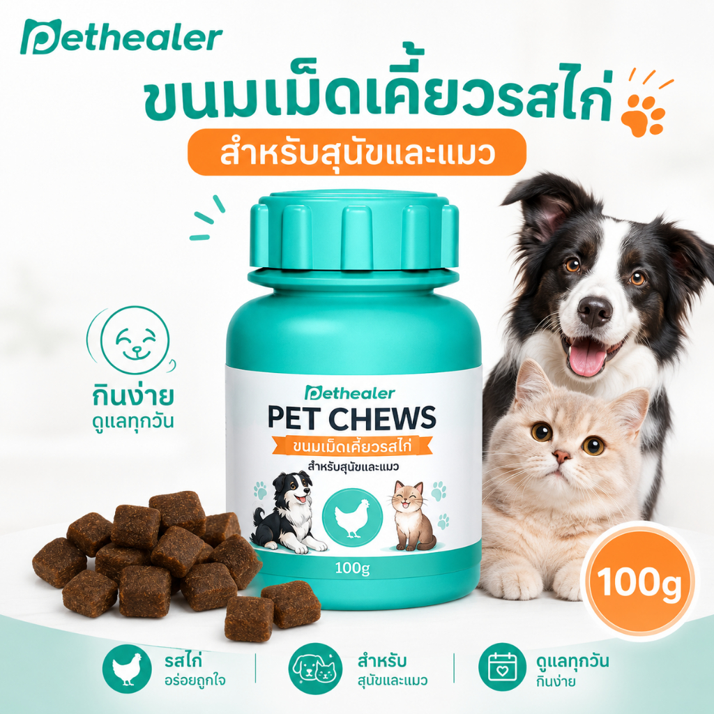 Pethealer Chicken Care Chews 100g ขนมสัตว์เลี้ยงรสไก่ สำหรับแมวและสุนัข เม็ดเคี้ยวกินง่าย
