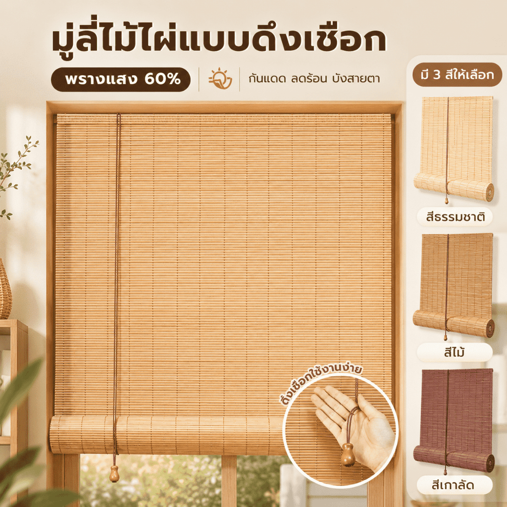 ม่านไม้ไผ่แท้ 100% ม่านม้วนกันแดด ลายธรรมชาติ สวยโปร่งไม่อึดอัด ช่วยให้บ้านเย็นขึ้น ใช้ได้ทั้งหน้าต่าง ระเบียง ร้านค้า